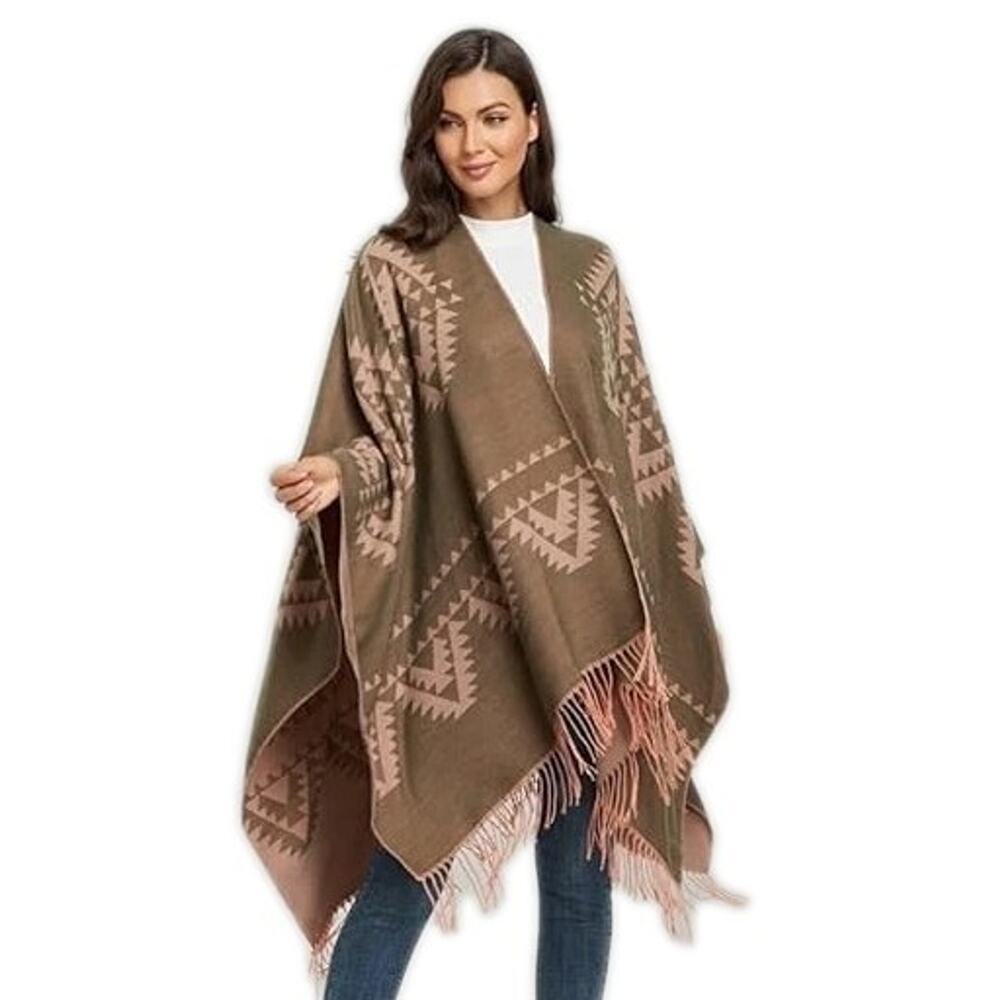Reversible Aztec Cape Western Southwestern One Size Fits All Khaki Green Soft
